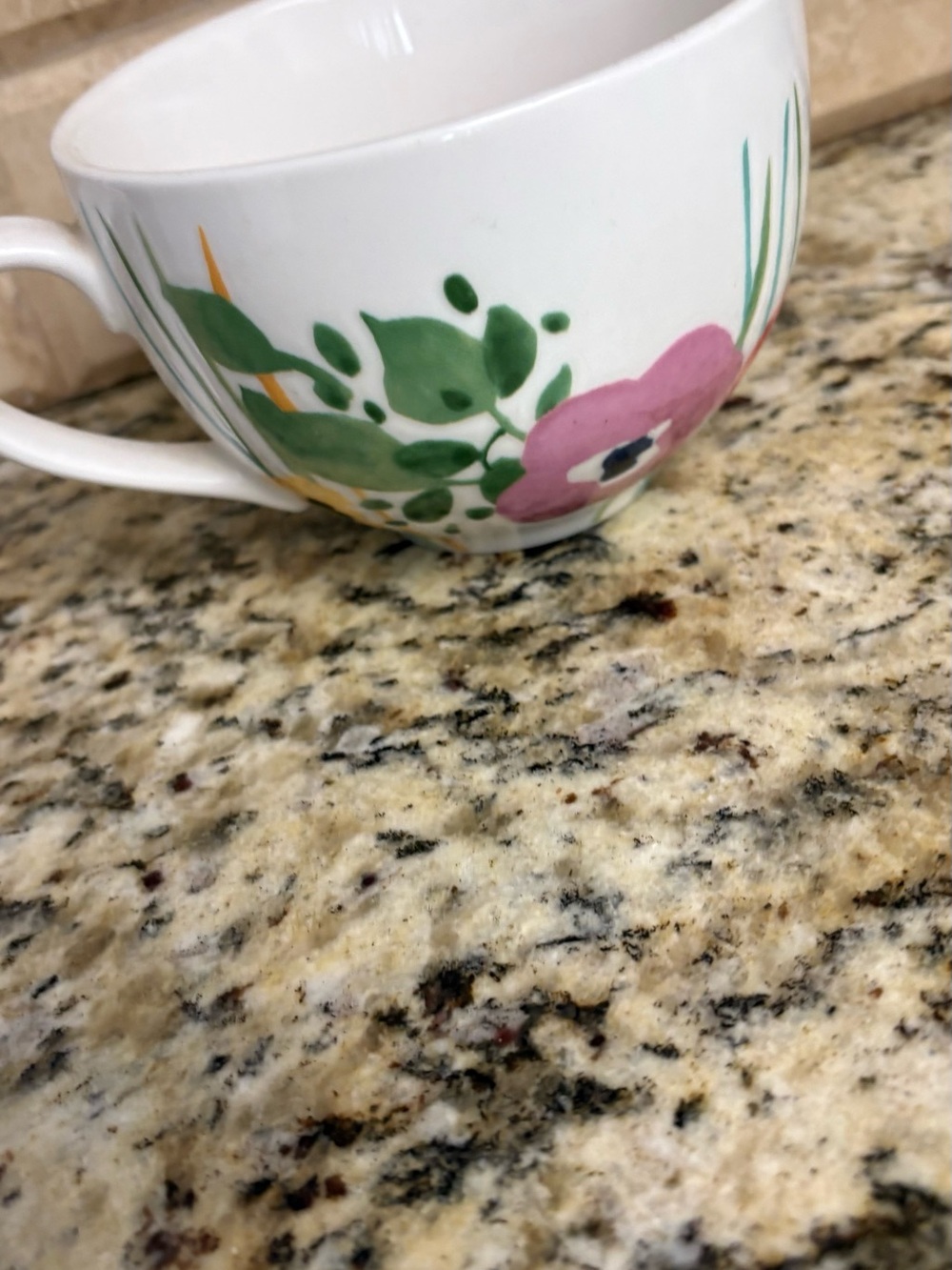 White Ceramic Teacup with Pink Floral and Green Leaf Motif